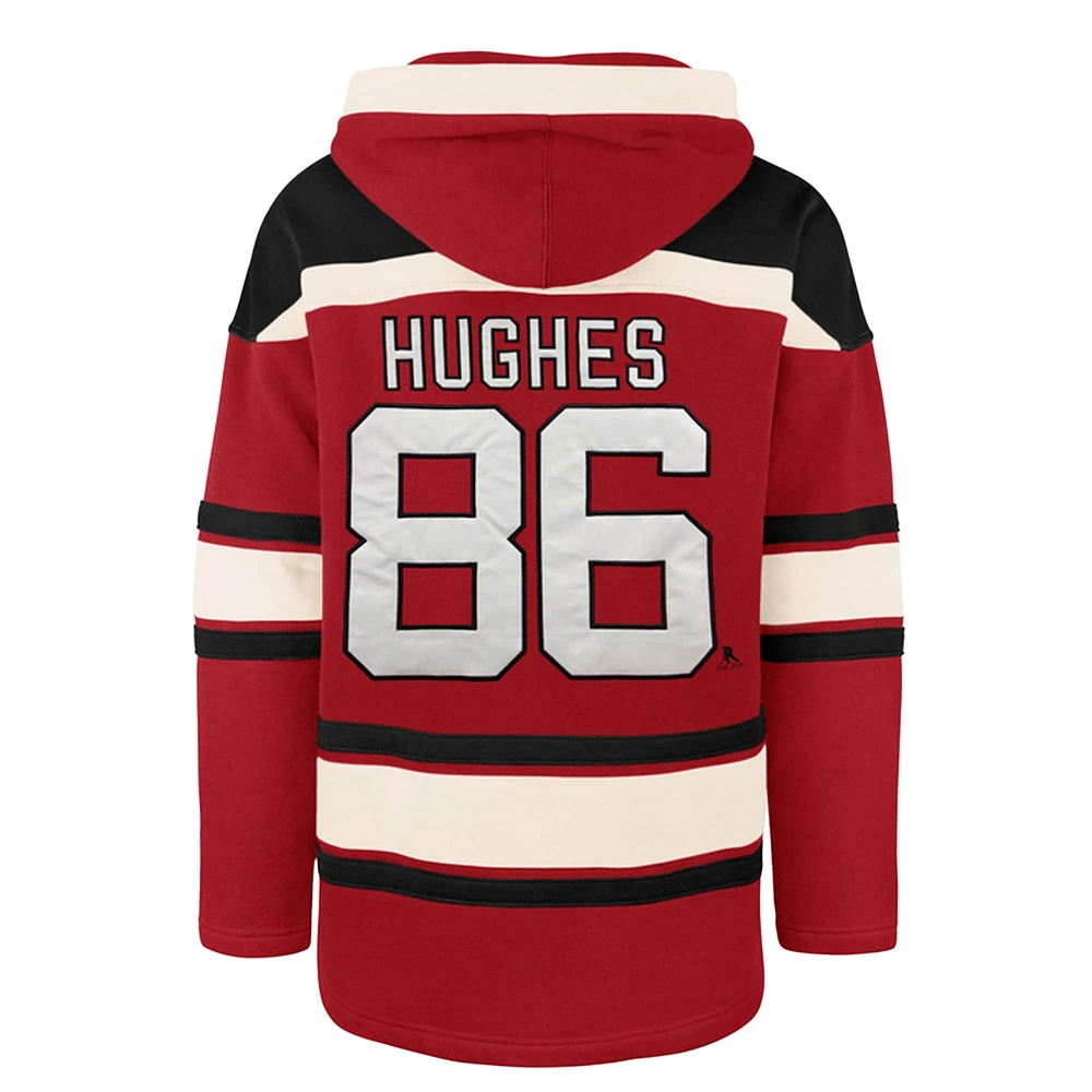 Men's '47 Jack Hughes Red New Jersey Devils Big & Tall Lace-up Pullover Hoodie