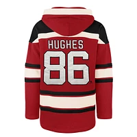 Men's '47 Jack Hughes Red New Jersey Devils Player Lacer Pullover Hoodie