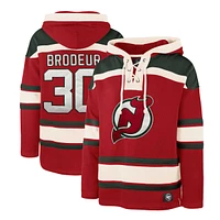 Chandail à capuchon avec nom et numéro du joueur la retraite des Devils New Jersey pour hommes '47 Martin Brodeur rouge Lacer