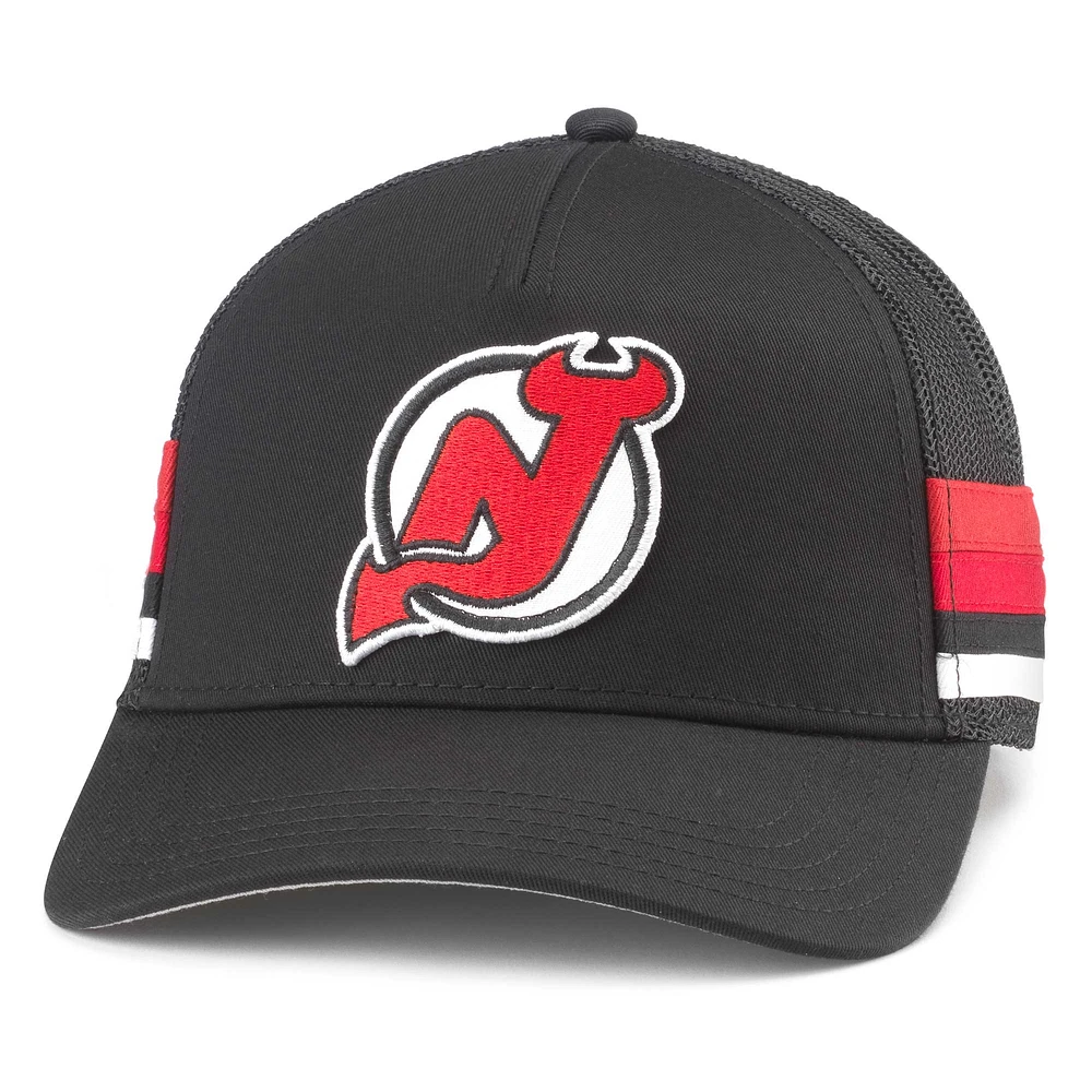 Casquette réglable de camionneur à rayures noires pour hommes, American Needle, New Jersey Devils HotFoot Stripes