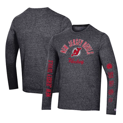 T-shirt à manches longues tri-mélange multi-logo Champion Heather Black New Jersey Devils pour hommes