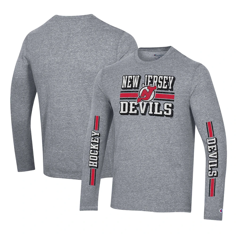 T-shirt à manches longues double bande tri-mélangé Champion Heather Grey New Jersey Devils pour hommes