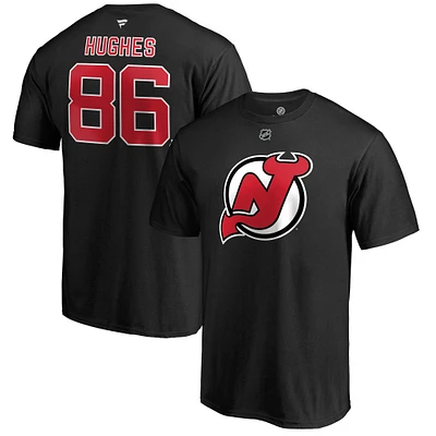 T-shirt noir authentique avec nom et numéro Stack des New Jersey Devils de Jack Hughes Fanatics pour hommes