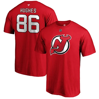 T-shirt rouge avec nom et numéro de pile authentique des Devils du New Jersey Fanatics Jack Hughes pour hommes