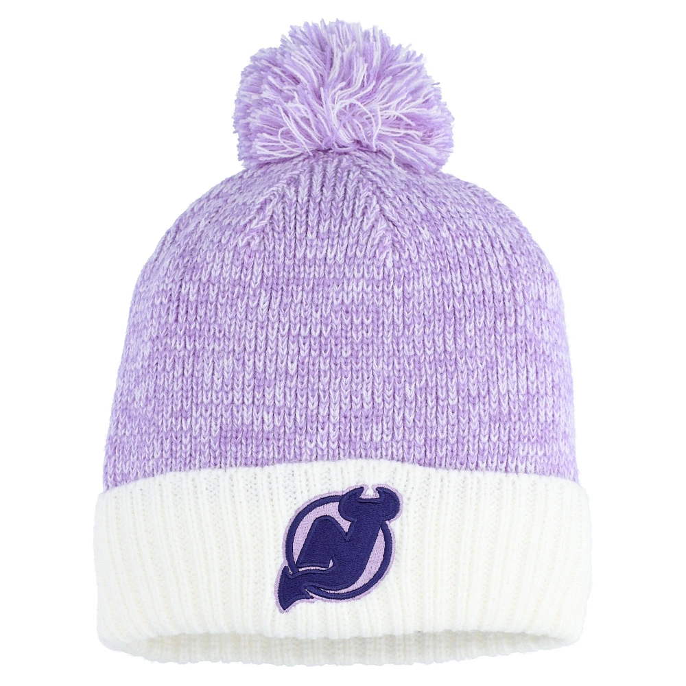 Men's Fanatics Lavender/White New Jersey Devils Hockey Fights Cancer Cuffed Knit Hat with Pom