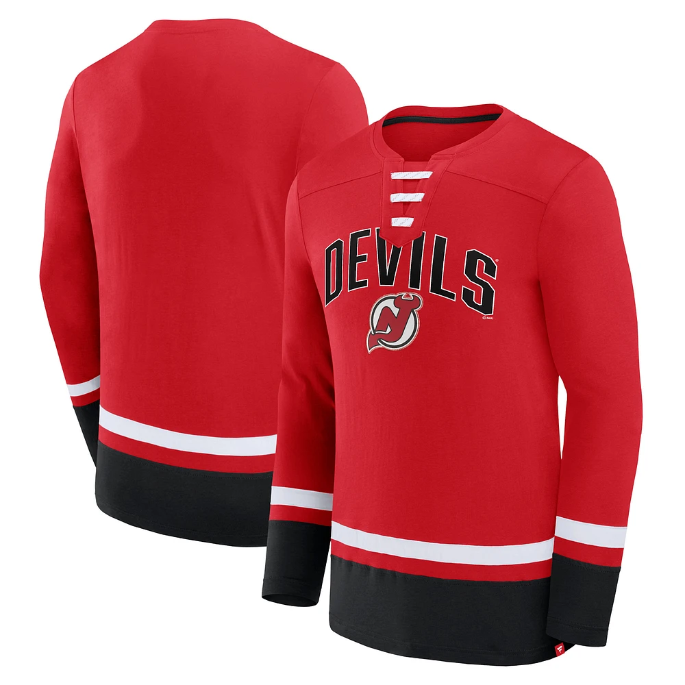 T-shirt à manches longues lacets pour hommes Fanatics Red New Jersey Devils Back Pass