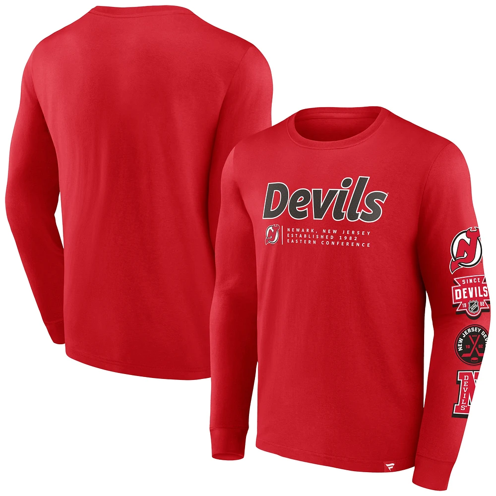 T-shirt rouge à manches longues Fanatics pour hommes des Devils du New Jersey Strike the Goal