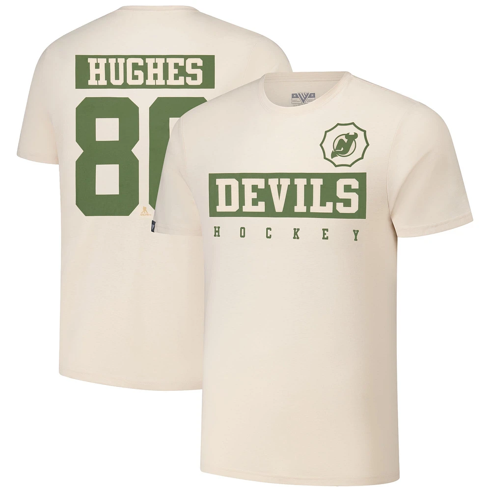 T-shirt Jack Hughes pour homme avec nom et numéro de joueur Richmond Delta des Devils du New Jersey 2024 la LNH, kaki