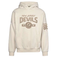 Men's Levelwear Jack Hughes Khaki New Jersey Devils Oversized Contact Name & Number Pullover Hoodie