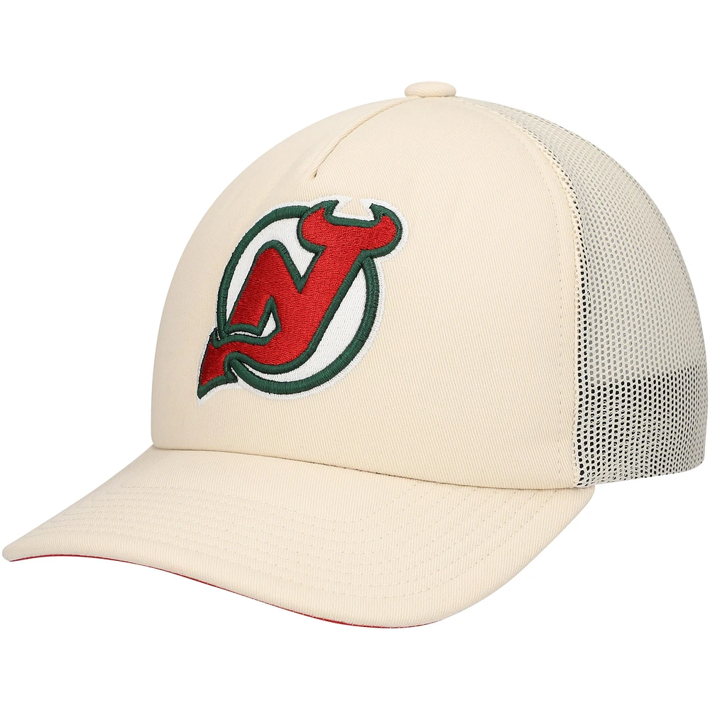 Men's Mitchell & Ness Cream New Jersey Devils Foam Front Trucker Adjustable Hat