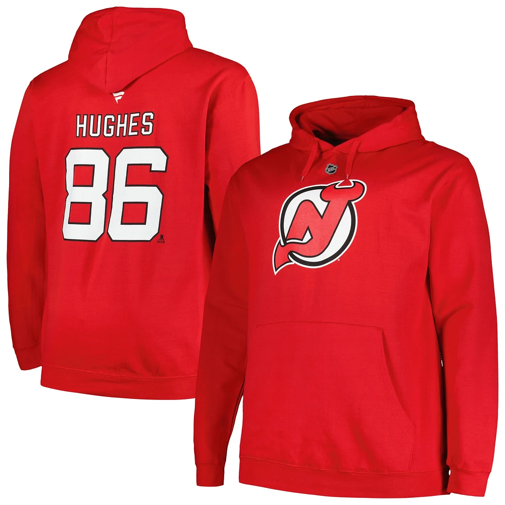 Profil pour hommes Jack Hughes Rouge New Jersey Devils Big & Tall Nom et numéro Pull à capuche