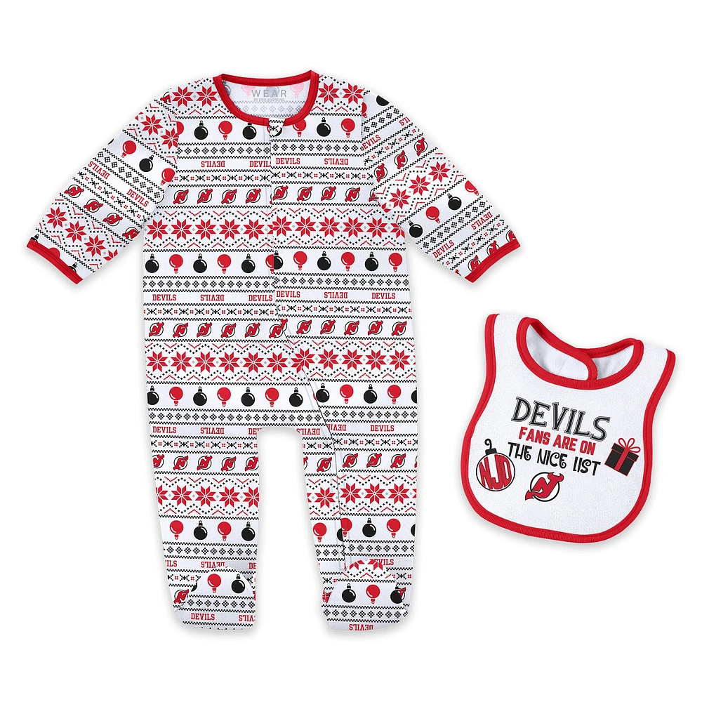 Newborn WEAR by Erin Andrews New Jersey Devils Allover Print Full-Zip Sleeper & Bib Christmas Set