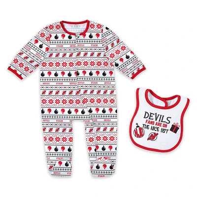 Ensemble de Noël pour nouveau-né WEAR by Erin Andrews avec pyjama et bavoir à fermeture éclair imprimé intégral des Devils du New Jersey