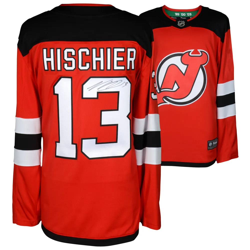 Maillot échappé des fanatiques rouge autographié des Devils du New Jersey par Nico Hischier