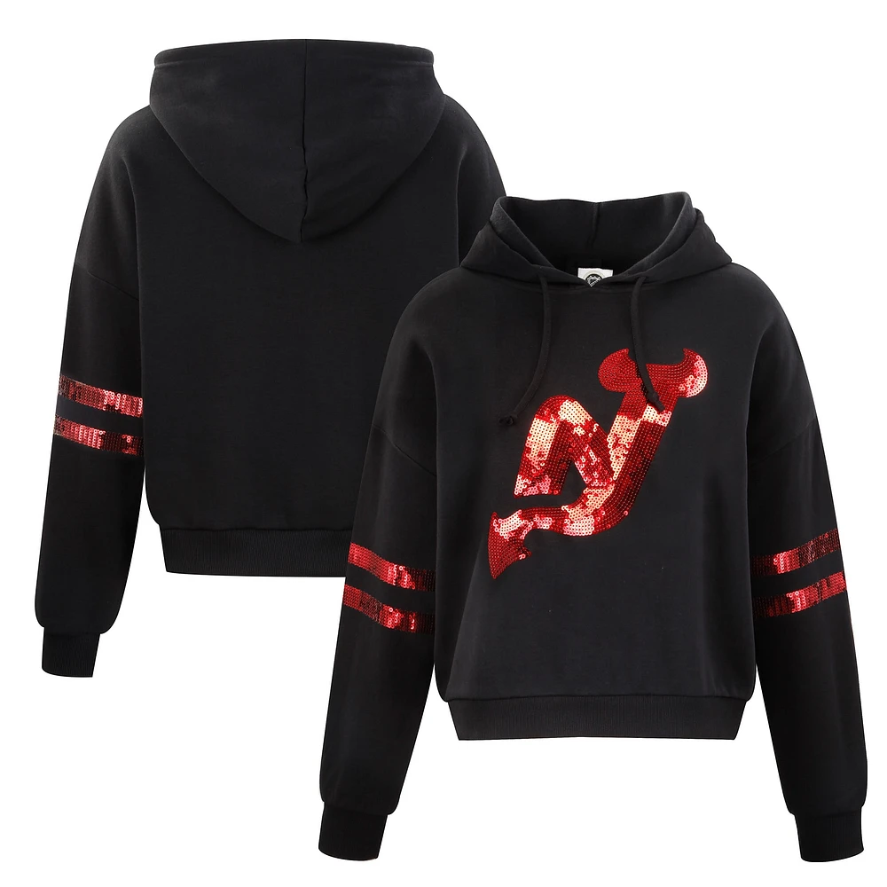 Women's Cuce Black New Jersey Devils Sequin Cropped Pullover Hoodie