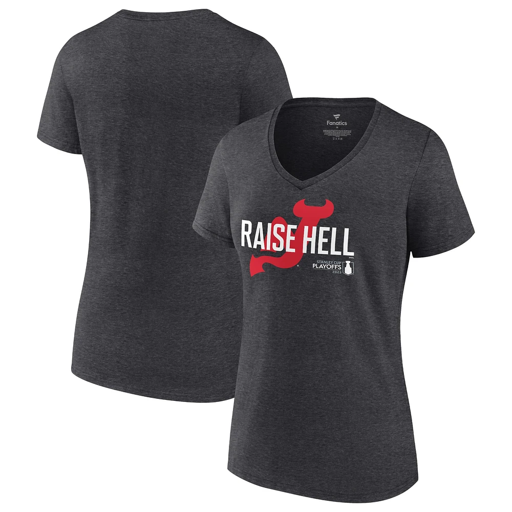 T-shirt à col en V Fanatics Heather Charcoal pour femmes des Devils du New Jersey 2023 séries éliminatoires de la Coupe Stanley Raise Hell