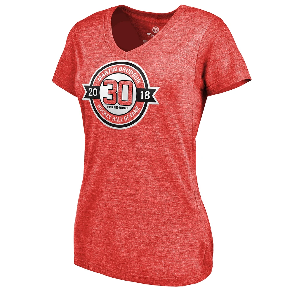 T-shirt tri-mélange à col en V fanatiques pour femmes Martin Brodeur rouge du Temple de la renommée des Devils New Jersey