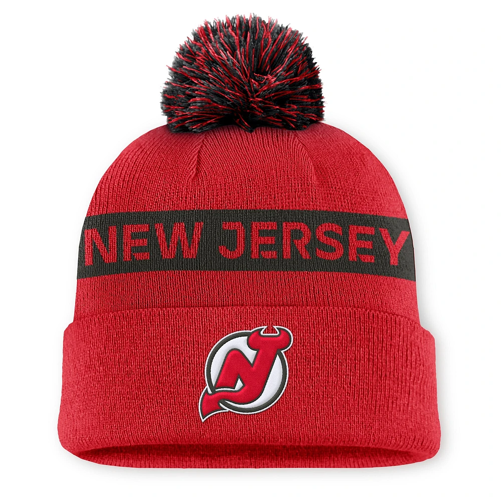 Bonnet en tricot à revers avec pompon authentique Pro Rink des New Jersey Devils rouge/noir Fanatics pour femmes