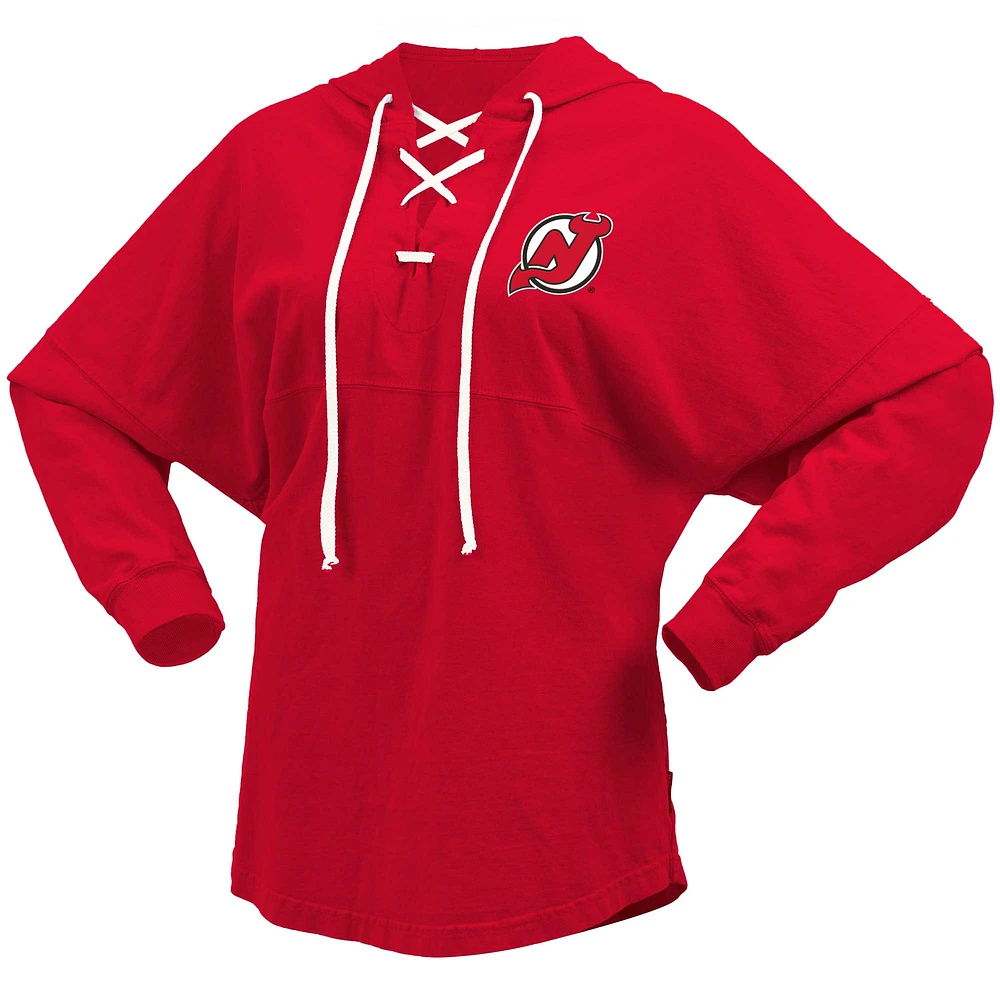 Women's Fanatics Red New Jersey Devils Lace-Up V-Neck Long Sleeve Hoodie T-Shirt