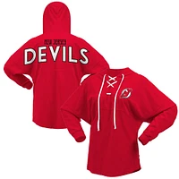 Women's Fanatics Red New Jersey Devils Lace-Up V-Neck Long Sleeve Hoodie T-Shirt