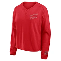Women's Fanatics Red New Jersey Devils Oversized All Out Effort Long Sleeve Henley T-Shirt