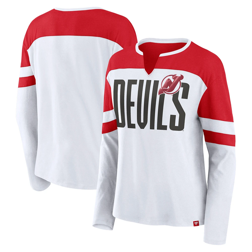 T-shirt à manches longues et col cranté pour femme Fanatics New Jersey Devils Frozen blanc/rouge