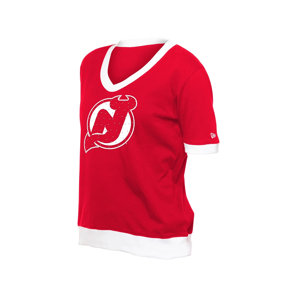 Women's New Era Red Jersey Devils Game Day Rhinestuds T-Shirt