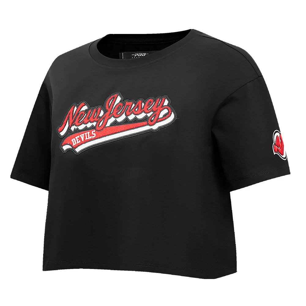 Women's Pro Standard Black New Jersey Devils Boxy Script Tail Cropped T-Shirt