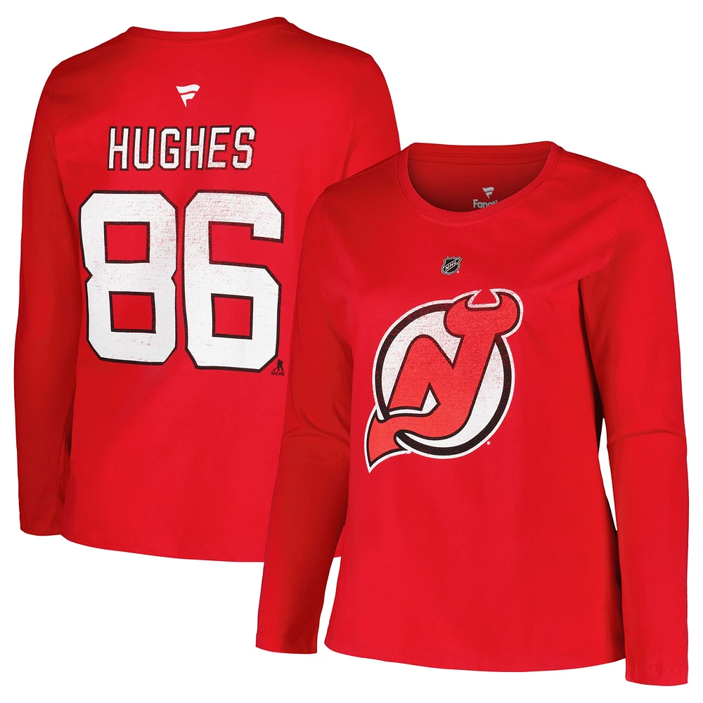 Women's Profile Jack Hughes Red New Jersey Devils Plus Distressed Printed Name & Number Long Sleeve T-Shirt