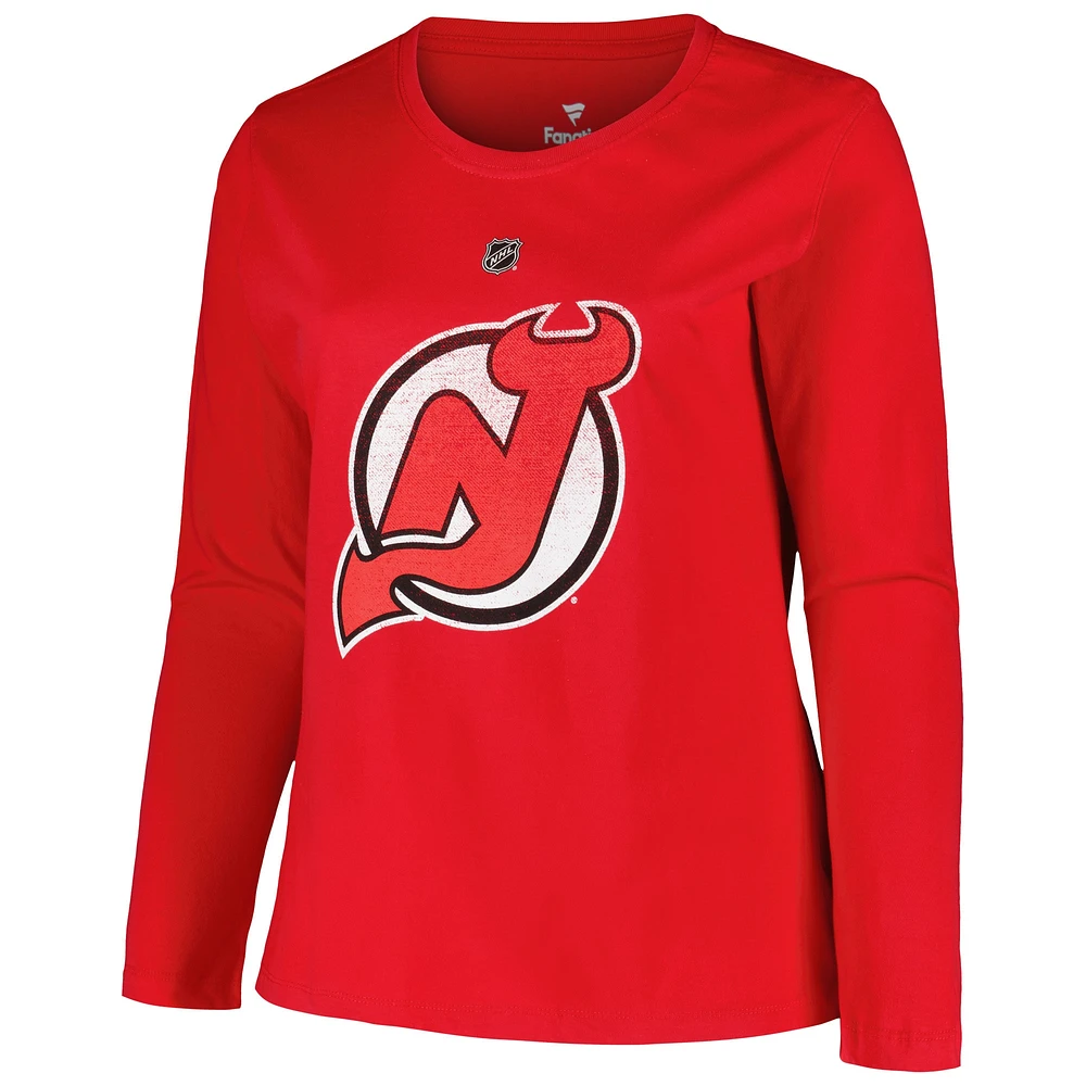 Women's Profile Jack Hughes Red New Jersey Devils Plus Distressed Printed Name & Number Long Sleeve T-Shirt