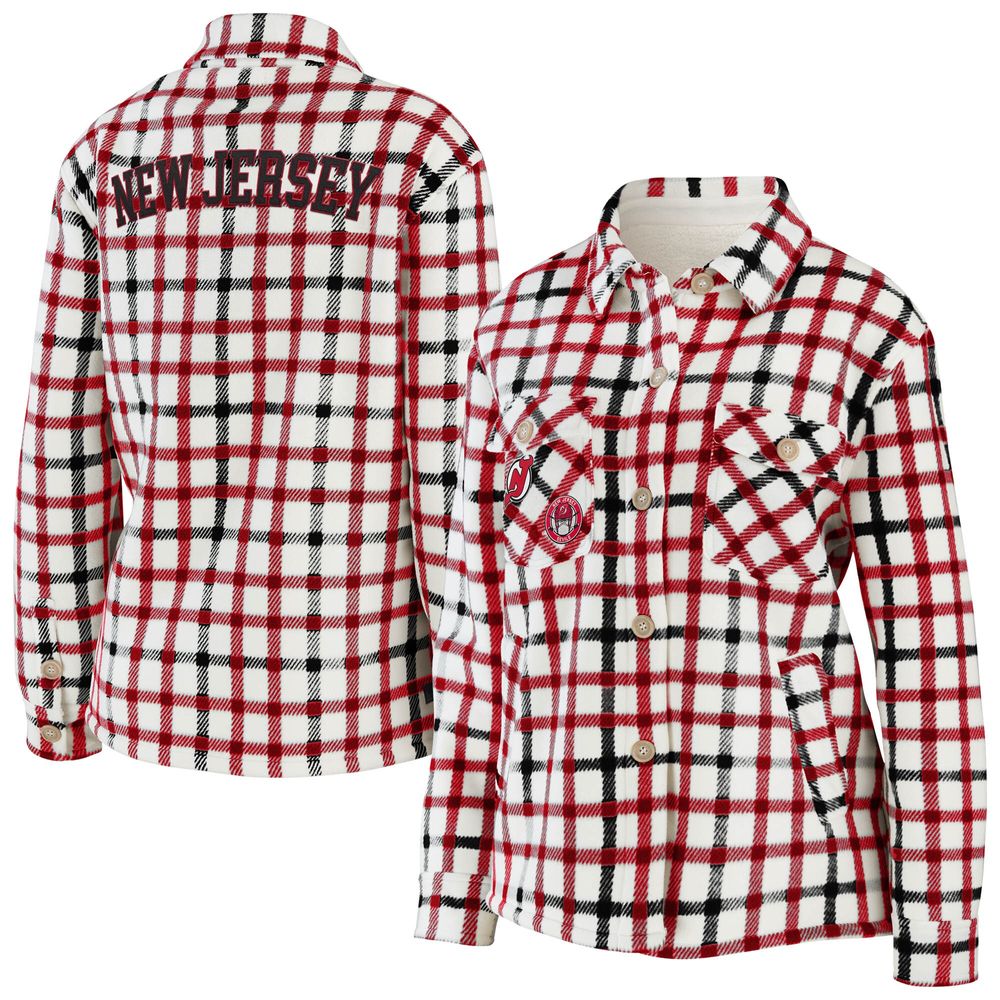 Women's WEAR by Erin Andrews Oatmeal New Jersey Devils Plaid Button-Up Shirt Jacket