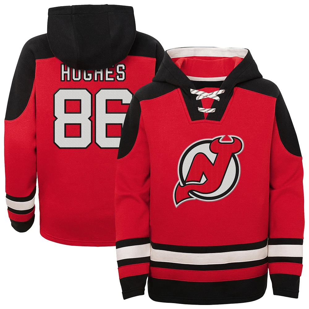 Sweat à capuche col en V indispensable et intemporel pour les jeunes Jack Hughes Red New Jersey Devils avec nom numéro