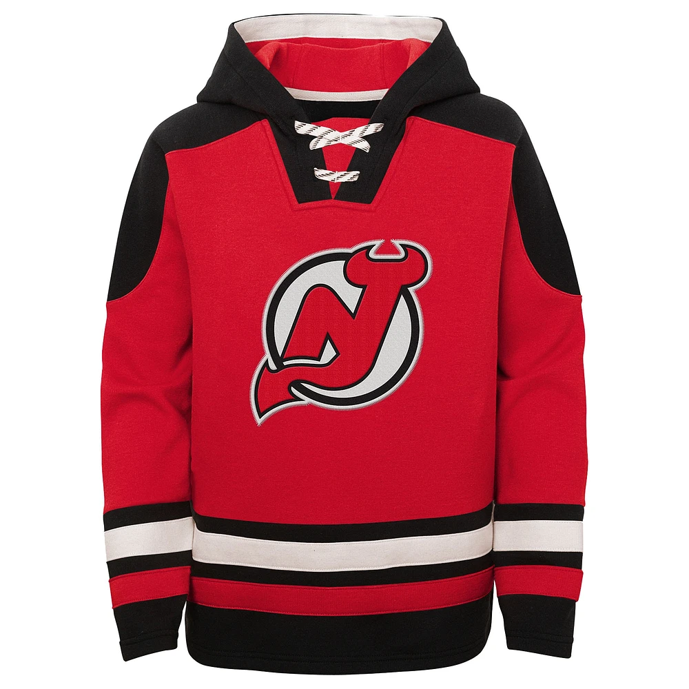 Sweat à capuche col en V indispensable et intemporel pour les jeunes Jack Hughes Red New Jersey Devils avec nom numéro