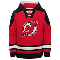 Sweat à capuche col en V indispensable et intemporel pour les jeunes Jack Hughes Red New Jersey Devils avec nom numéro