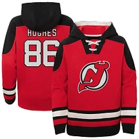 Sweat à capuche col en V indispensable et intemporel pour les jeunes Jack Hughes Red New Jersey Devils avec nom numéro