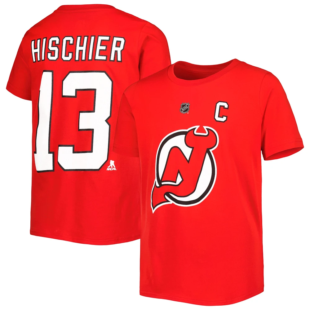 T-shirt rouge avec nom et numéro de joueur des Devils du New Jersey Nico Hischier pour jeunes