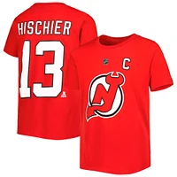 T-shirt rouge avec nom et numéro de joueur des Devils du New Jersey Nico Hischier pour jeunes