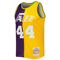 Men's Mitchell & Ness Pete Maravich Purple/Yellow New Orleans Jazz Hardwood Classics 1974/75 Split Swingman Jersey