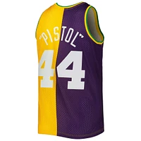 Men's Mitchell & Ness Pete Maravich Purple/Yellow New Orleans Jazz Hardwood Classics 1974/75 Split Swingman Jersey