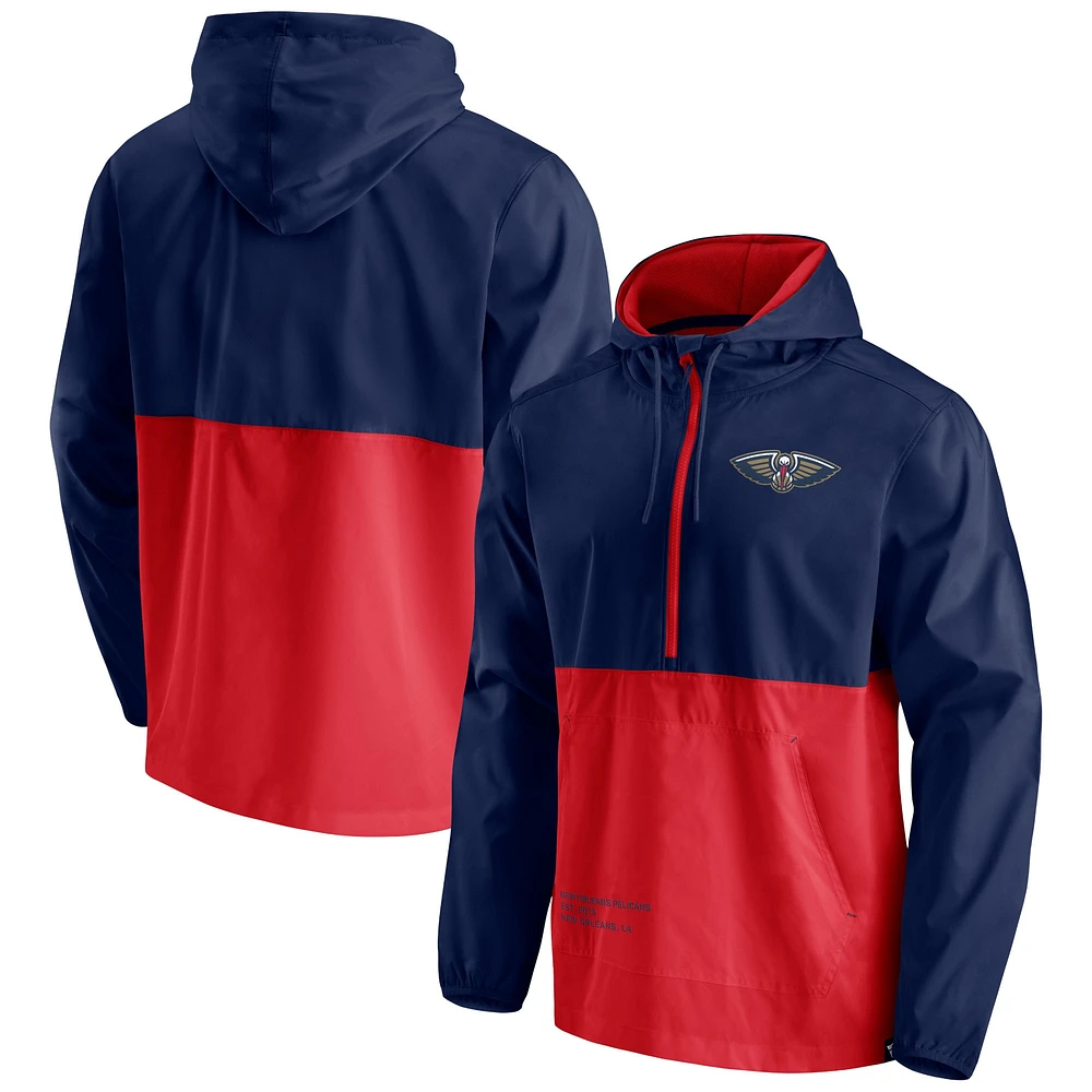 Veste à capuche coupe-vent demi-zip Fanatics pour hommes bleu marine/rouge New Orleans Pelicans Anorak Block Party