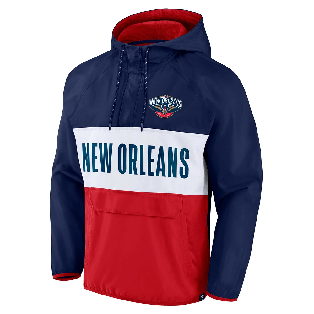 Sweat à capuche raglan quart de zip Anorak fanatiques pour hommes, chef d'équipe des Pelicans la Nouvelle-Orléans, bleu marine/rouge