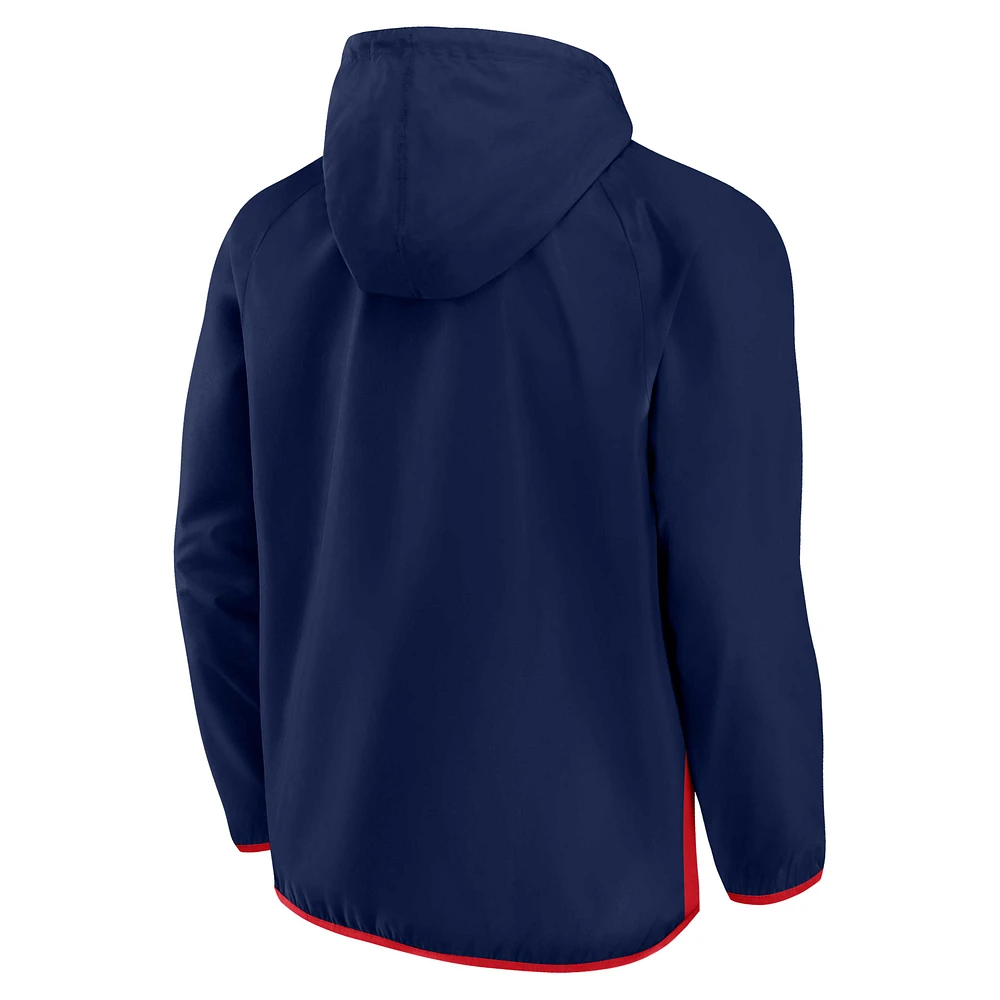 Sweat à capuche raglan quart de zip Anorak fanatiques pour hommes, chef d'équipe des Pelicans la Nouvelle-Orléans, bleu marine/rouge