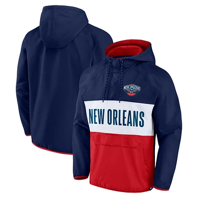 Sweat à capuche raglan quart de zip Anorak fanatiques pour hommes, chef d'équipe des Pelicans la Nouvelle-Orléans, bleu marine/rouge