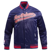 Men's Pro Standard Navy New Orleans Pelicans Script Tail Full-Snap Satin Varsity Jacket