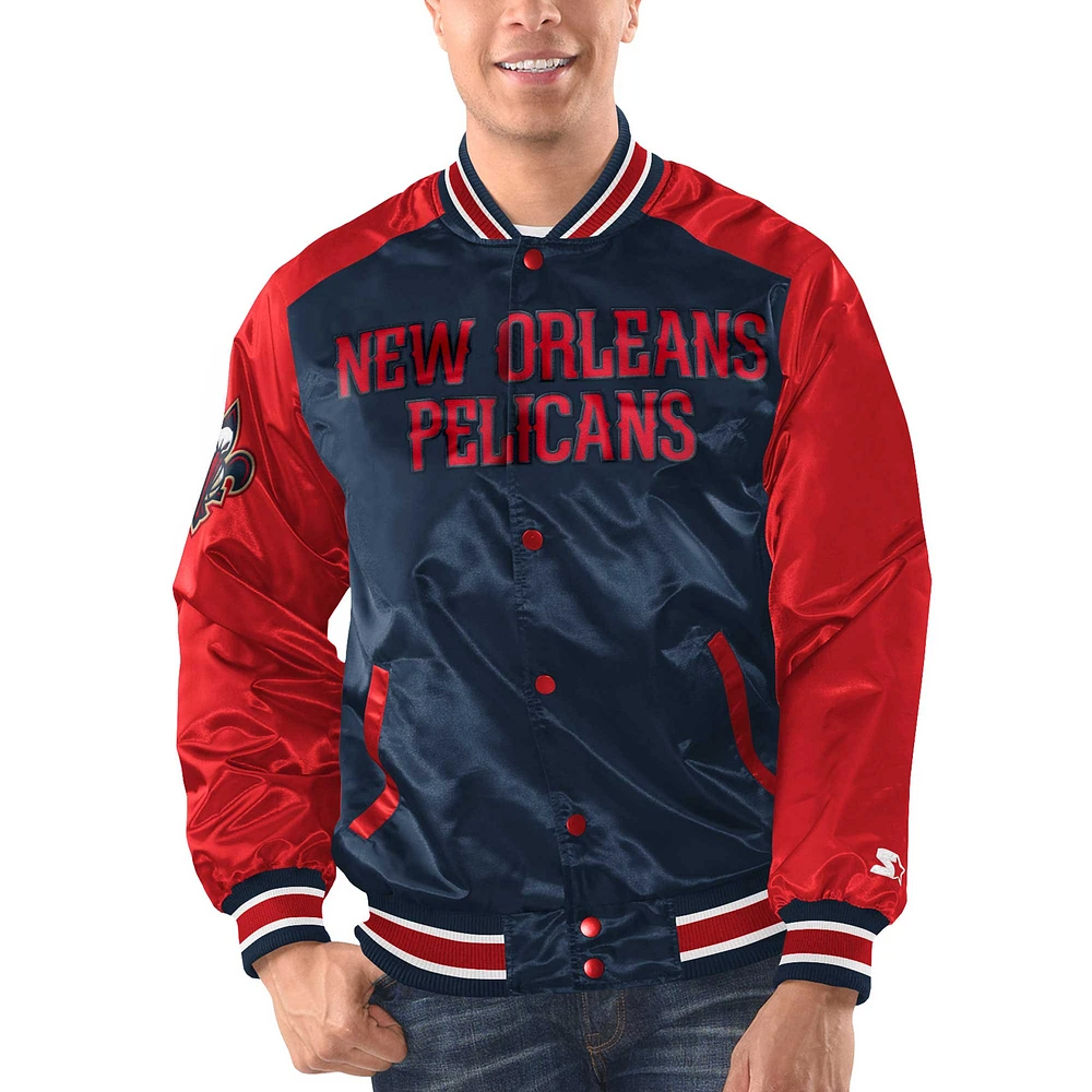 Veste universitaire à bouton-pression en satin Renegade des New Orleans Pelicans Starter bleu marine/rouge pour hommes