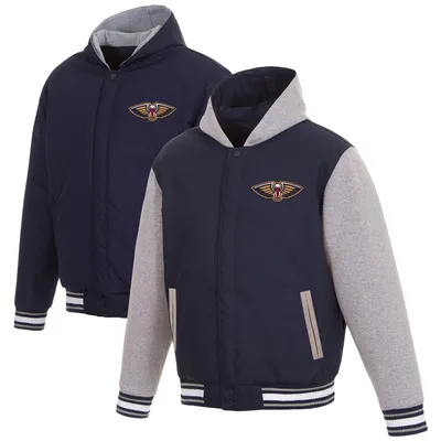 New Orleans Pelicans JH Design Reversible Poly-Twill Hooded Jacket with Fleece Sleeves - Navy/Gray