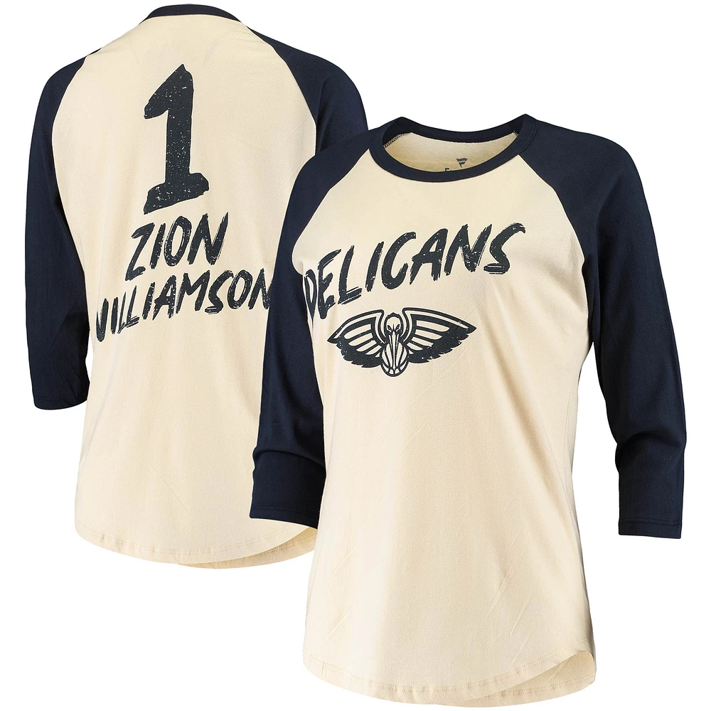 T-shirt raglan à manches 3/4 Fanatics Zion Williamson pour femmes, crème, New Orleans Pelicans