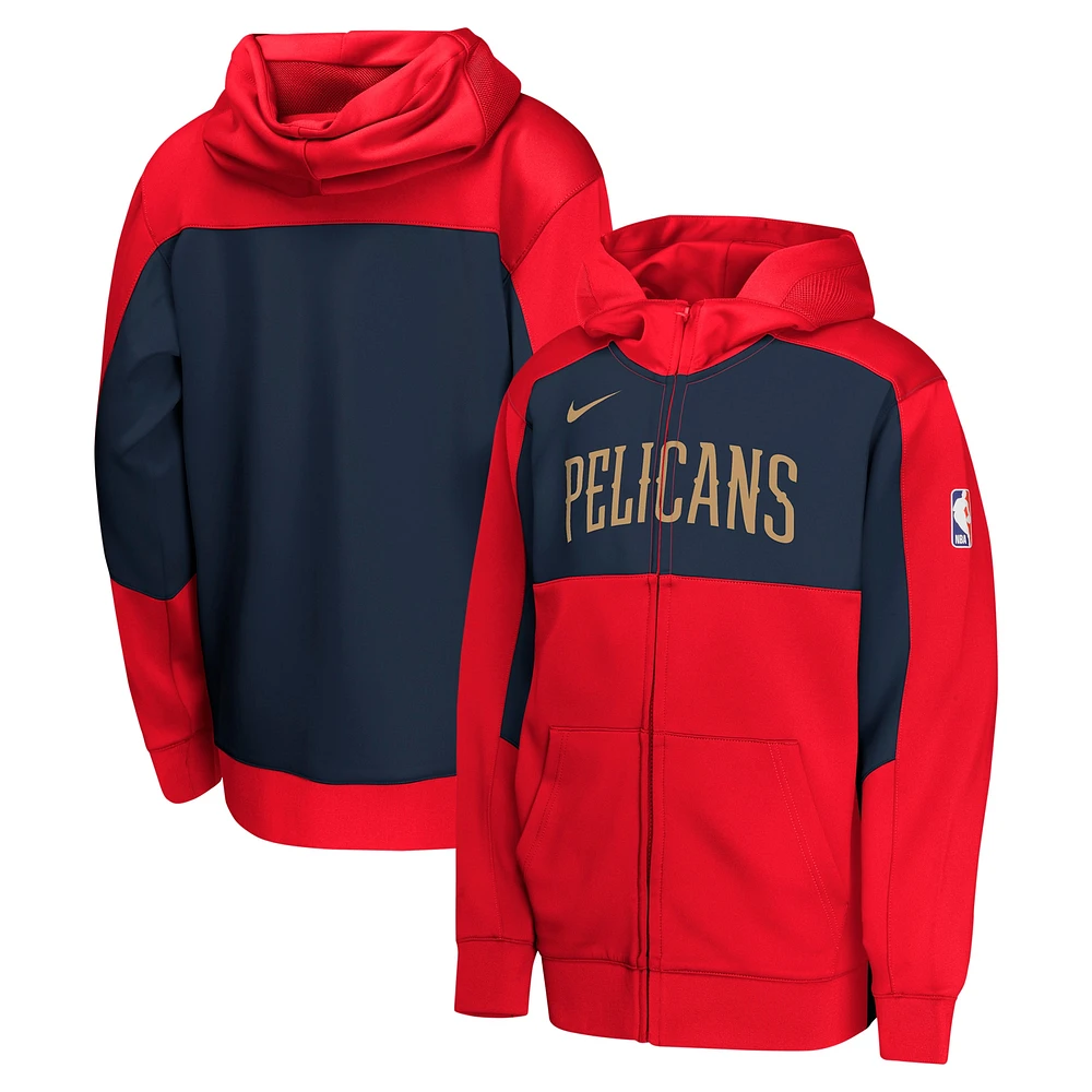 Sweat à capuche entièrement zippé Nike New Orleans Pelicans Authentic On-Court Showtime Performance pour jeunes, rouge/bleu marine