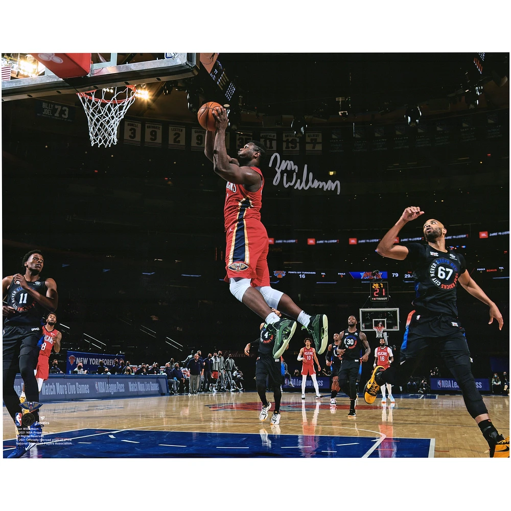 Zion Williamson New Orleans Pelicans Autographed 16" x 20" Going Up vs New York Knicks Photograph