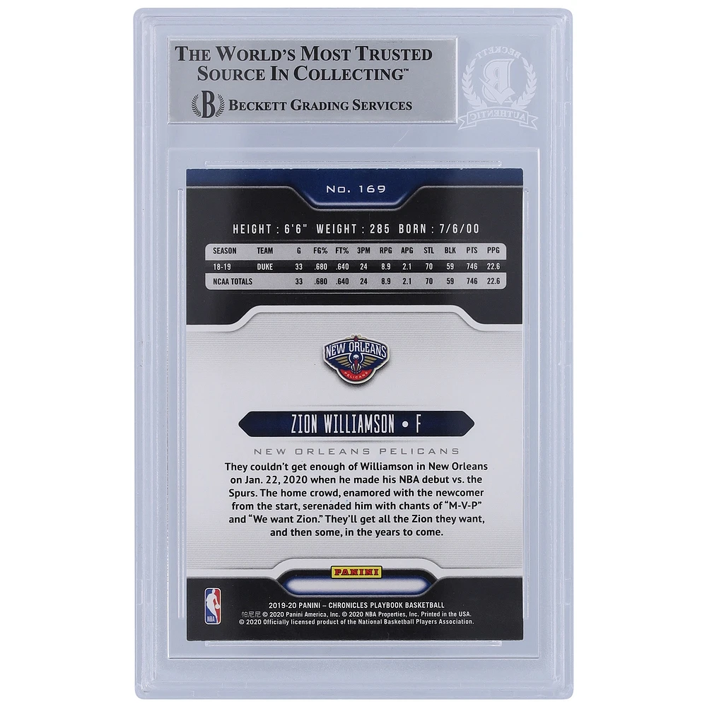 Zion Williamson New Orleans Pelicans Autographed 2019-20 Panini Chronicles Playbook #169 Beckett Fanatics Witnessed Authenticated Rookie Card with "19 #1 Pick" Inscription